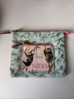 Sloth Print Zip Cosmetic Pouch in Mint & Pink